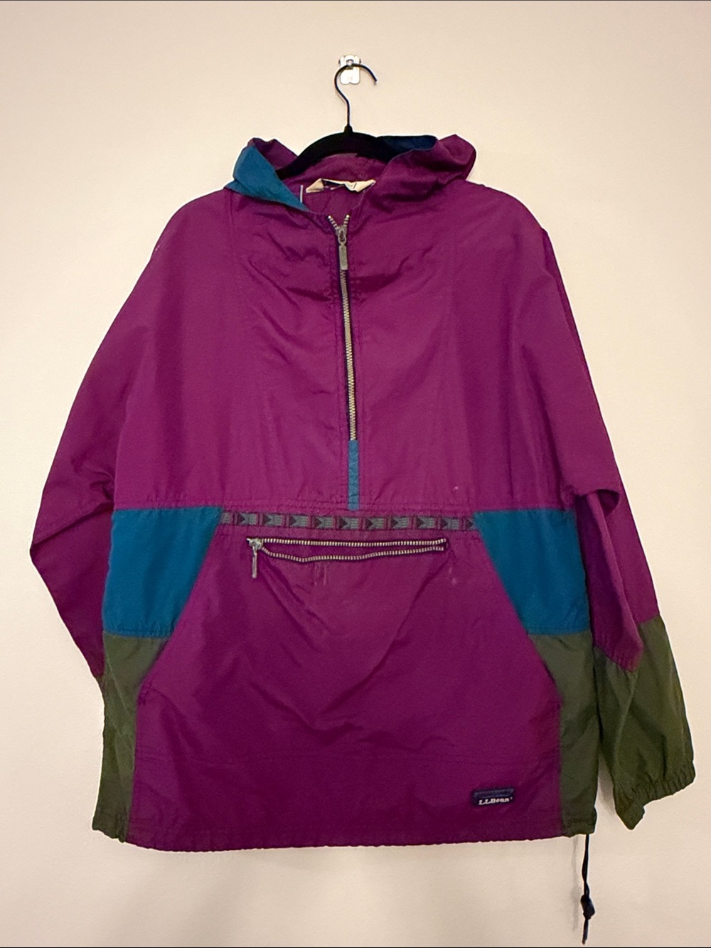Vintage L.L. Bean Purple Colorblock Hooded Anorak with Teal and Olive Panels